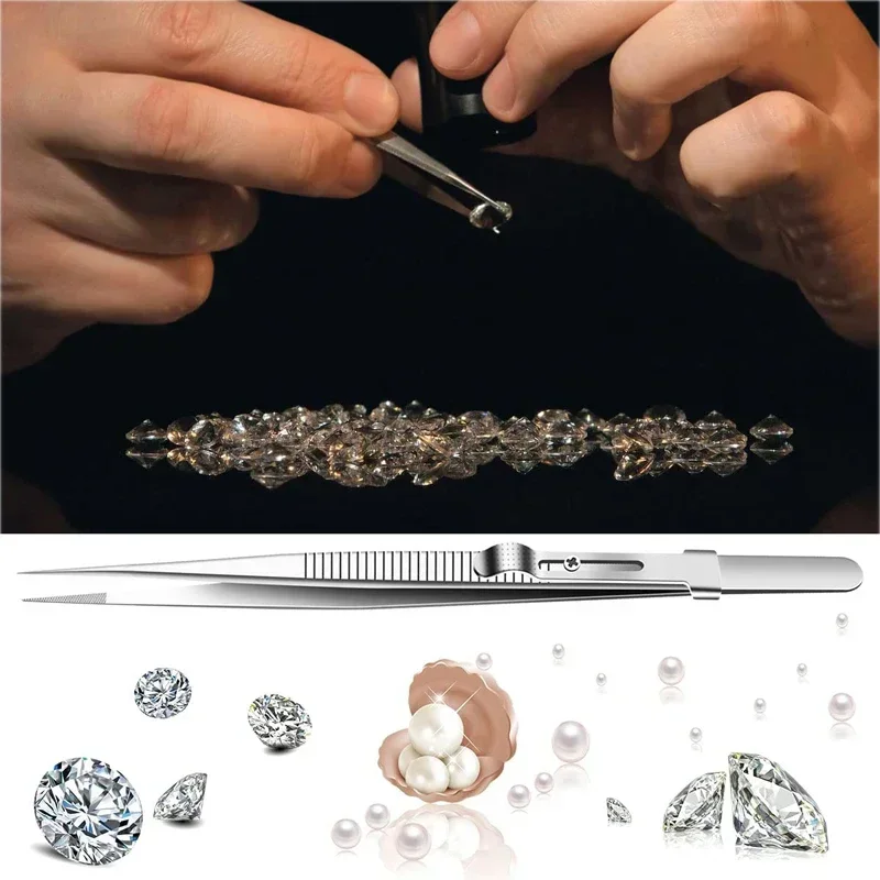Professional Stainless Steel Tweezers Adjustable with Buckle Slide Lock Antistatic for Diamond Gem Jewelry Making Precision Tool