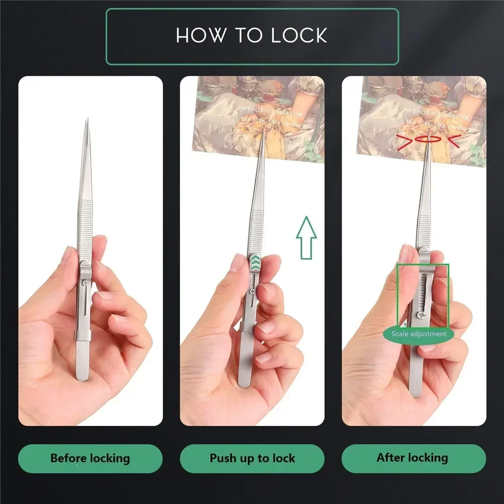 Professional Stainless Steel Tweezers Adjustable with Buckle Slide Lock Antistatic for Diamond Gem Jewelry Making Precision Tool