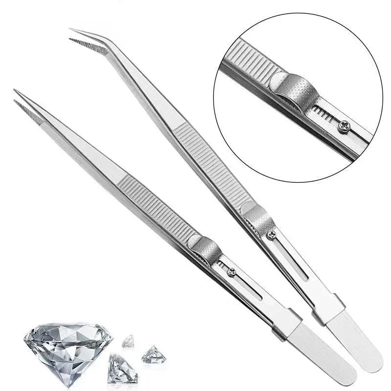 Professional Stainless Steel Tweezers Adjustable with Buckle Slide Lock Antistatic for Diamond Gem Jewelry Making Precision Tool