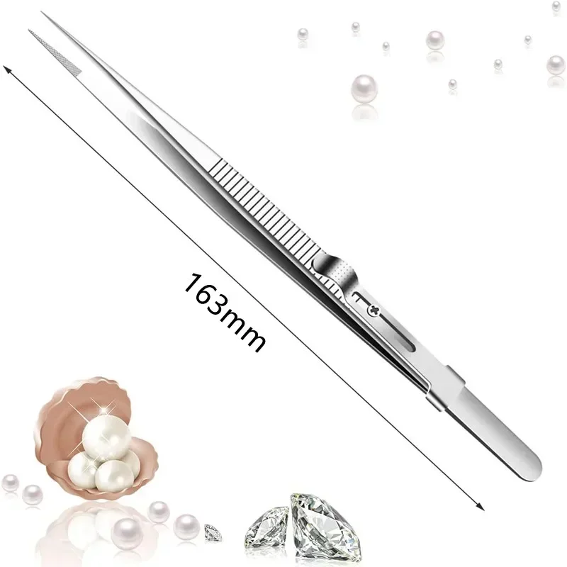 Professional Stainless Steel Tweezers Adjustable with Buckle Slide Lock Antistatic for Diamond Gem Jewelry Making Precision Tool