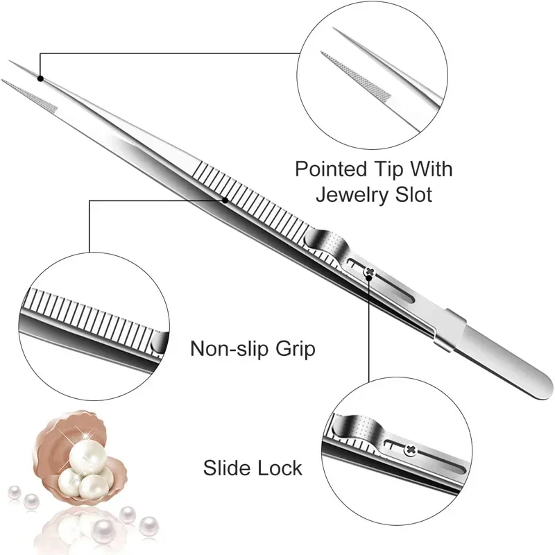 Professional Stainless Steel Tweezers Adjustable with Buckle Slide Lock Antistatic for Diamond Gem Jewelry Making Precision Tool