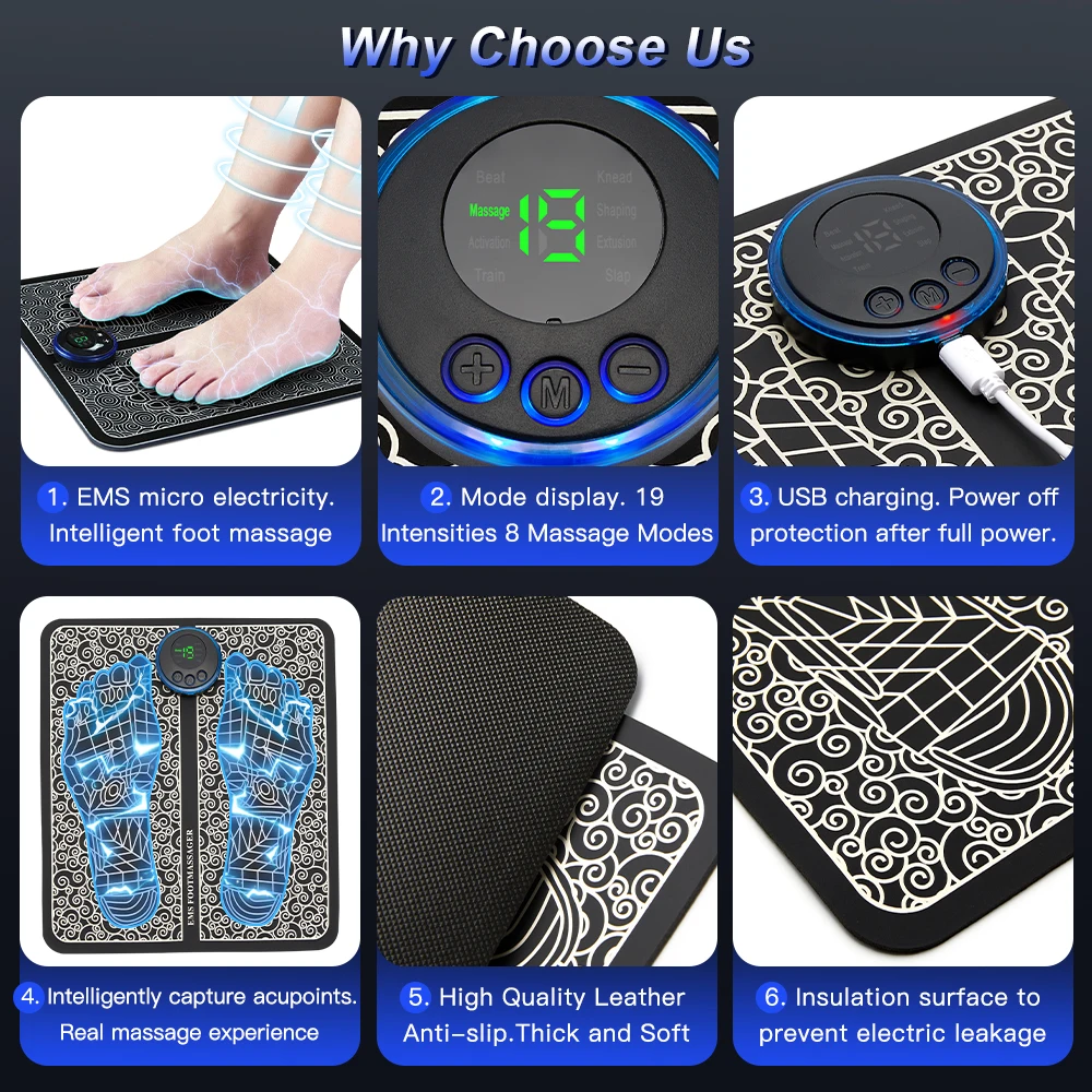 Electric EMS Foot Massager Pad Relief Pain Relax Feet Acupoints Massage Mat Shock Muscle Stimulation Improve Blood Circulation