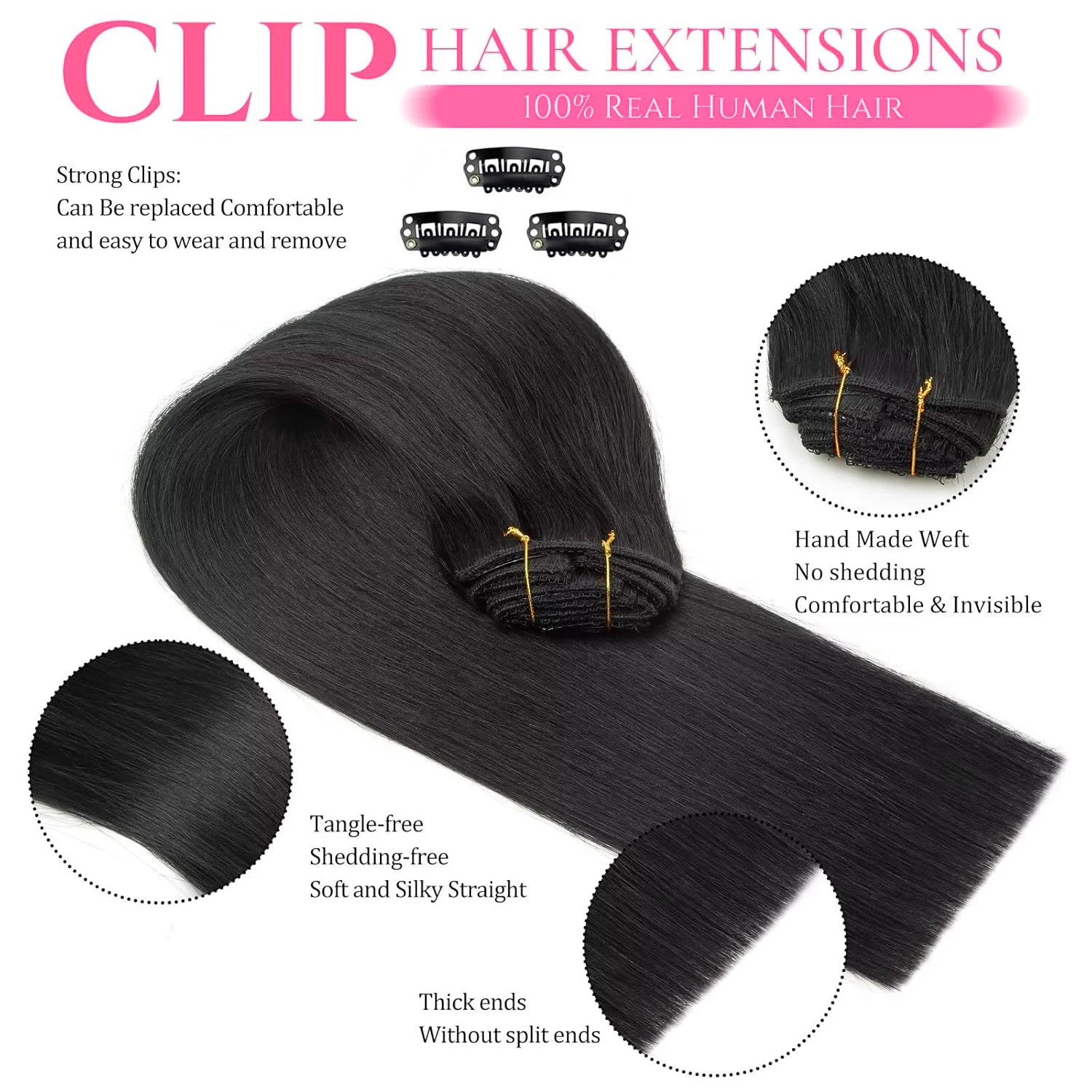 Clip-in Hair Extensions Straight Real Human Hair Seamless 120g Natural Black Human Clip-In Extensions Invisible Straight 8Pcs