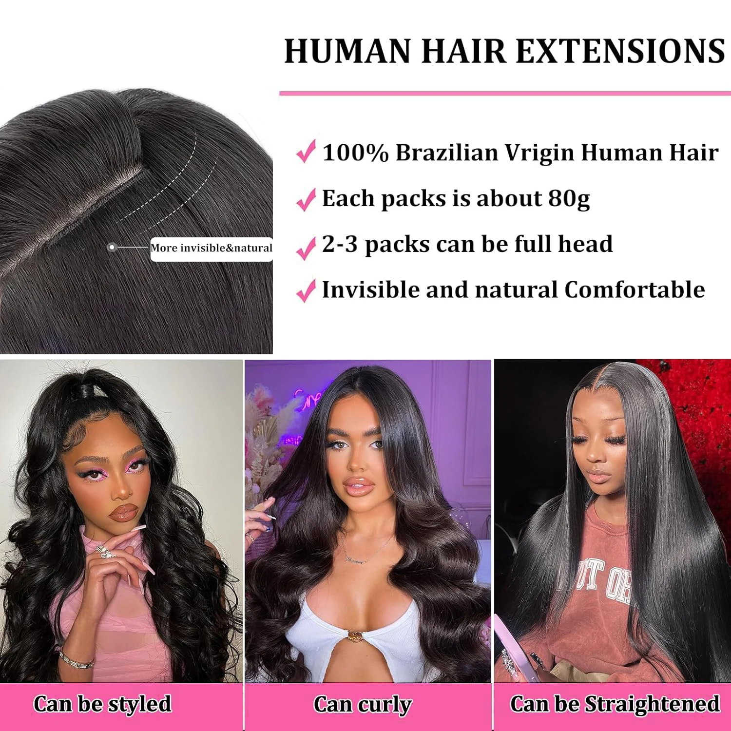 Clip-in Hair Extensions Straight Real Human Hair Seamless 120g Natural Black Human Clip-In Extensions Invisible Straight 8Pcs