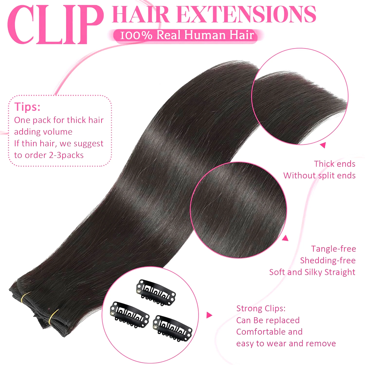 Clip-in Hair Extensions Straight Real Human Hair Seamless 120g Natural Black Human Clip-In Extensions Invisible Straight 8Pcs