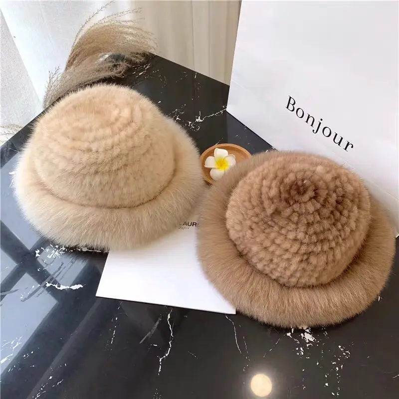 New Genuine Real Natural Knitted Mink Fur Hat Cap Luxury Women Handmade Knit Fashion Winter Headwear Warm Real Fox Fur Beanies