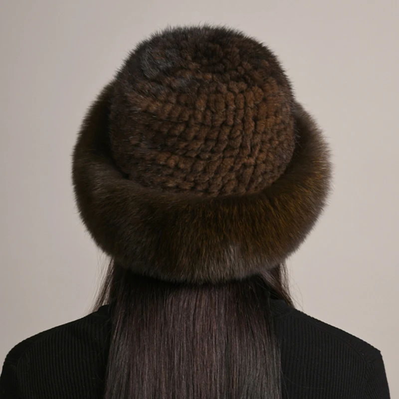 New Genuine Real Natural Knitted Mink Fur Hat Cap Luxury Women Handmade Knit Fashion Winter Headwear Warm Real Fox Fur Beanies