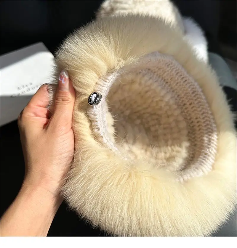 New Genuine Real Natural Knitted Mink Fur Hat Cap Luxury Women Handmade Knit Fashion Winter Headwear Warm Real Fox Fur Beanies