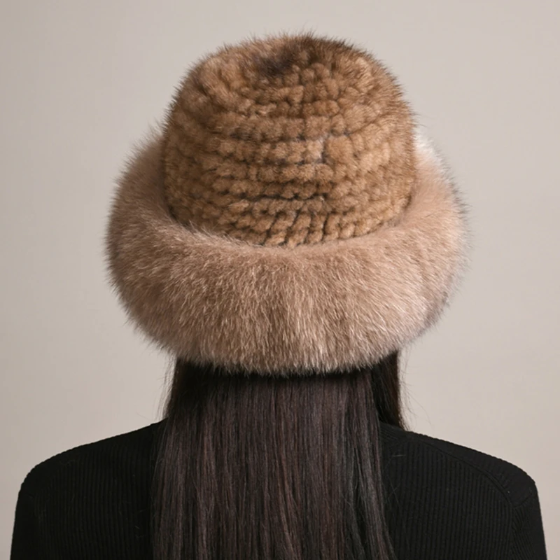 New Genuine Real Natural Knitted Mink Fur Hat Cap Luxury Women Handmade Knit Fashion Winter Headwear Warm Real Fox Fur Beanies