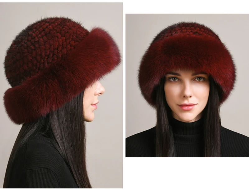 New Genuine Real Natural Knitted Mink Fur Hat Cap Luxury Women Handmade Knit Fashion Winter Headwear Warm Real Fox Fur Beanies