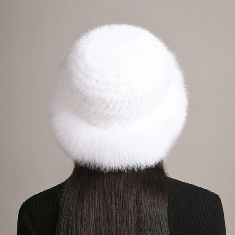 New Genuine Real Natural Knitted Mink Fur Hat Cap Luxury Women Handmade Knit Fashion Winter Headwear Warm Real Fox Fur Beanies