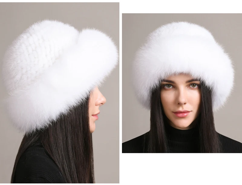 New Genuine Real Natural Knitted Mink Fur Hat Cap Luxury Women Handmade Knit Fashion Winter Headwear Warm Real Fox Fur Beanies