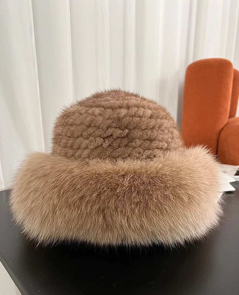 New Genuine Real Natural Knitted Mink Fur Hat Cap Luxury Women Handmade Knit Fashion Winter Headwear Warm Real Fox Fur Beanies
