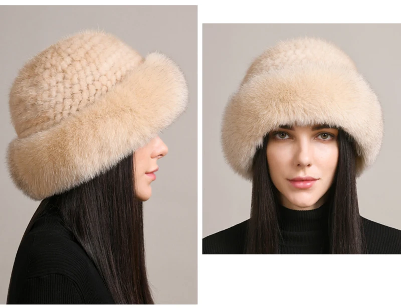 New Genuine Real Natural Knitted Mink Fur Hat Cap Luxury Women Handmade Knit Fashion Winter Headwear Warm Real Fox Fur Beanies