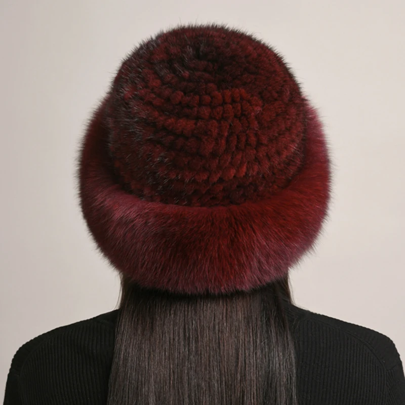 New Genuine Real Natural Knitted Mink Fur Hat Cap Luxury Women Handmade Knit Fashion Winter Headwear Warm Real Fox Fur Beanies