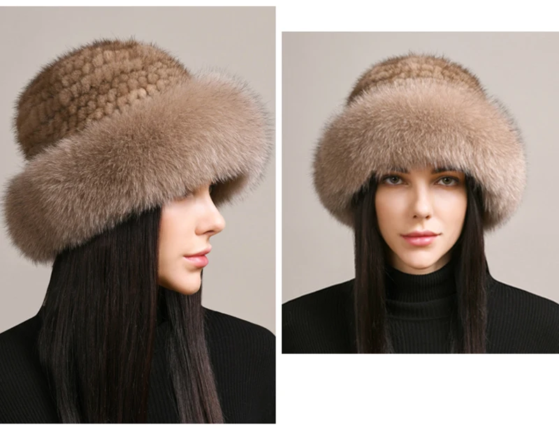 New Genuine Real Natural Knitted Mink Fur Hat Cap Luxury Women Handmade Knit Fashion Winter Headwear Warm Real Fox Fur Beanies