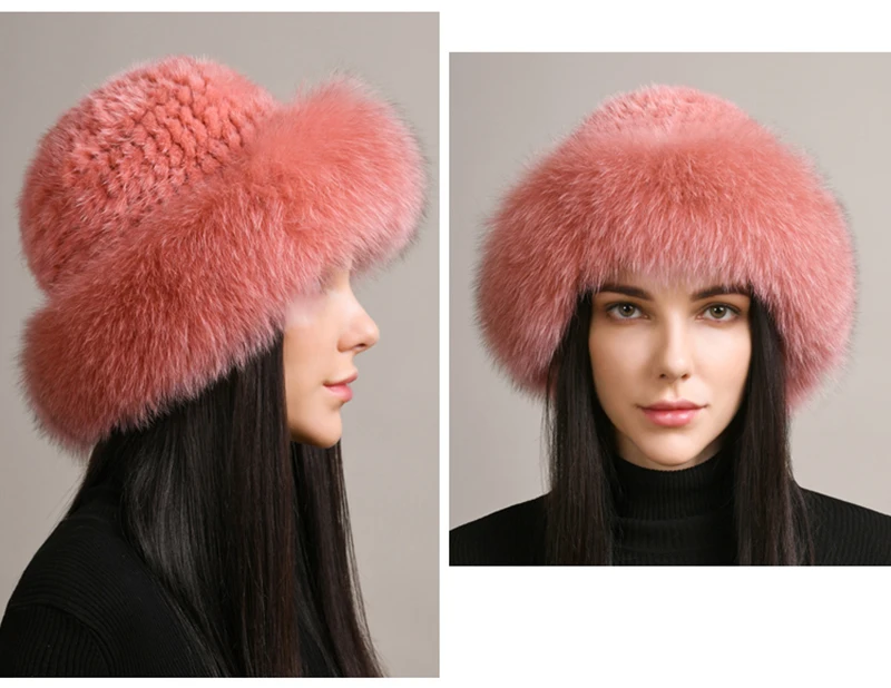 New Genuine Real Natural Knitted Mink Fur Hat Cap Luxury Women Handmade Knit Fashion Winter Headwear Warm Real Fox Fur Beanies