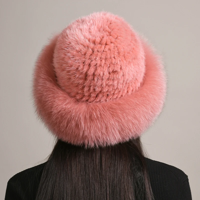 New Genuine Real Natural Knitted Mink Fur Hat Cap Luxury Women Handmade Knit Fashion Winter Headwear Warm Real Fox Fur Beanies