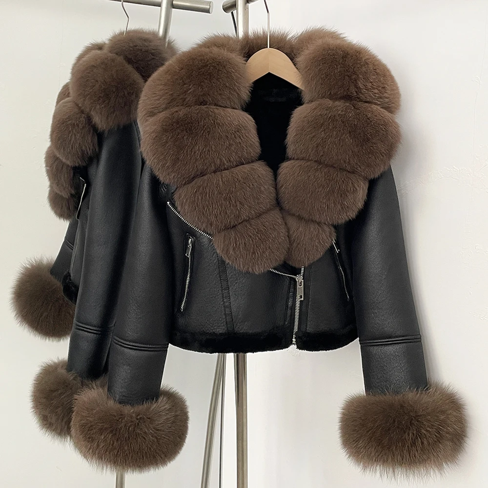 OFTBUY Short Faux Leather Fake Fur Inner Jacket Female New Winter Real Fox Fur Collar and Cuffs Clothes Women Thick Warm Coat