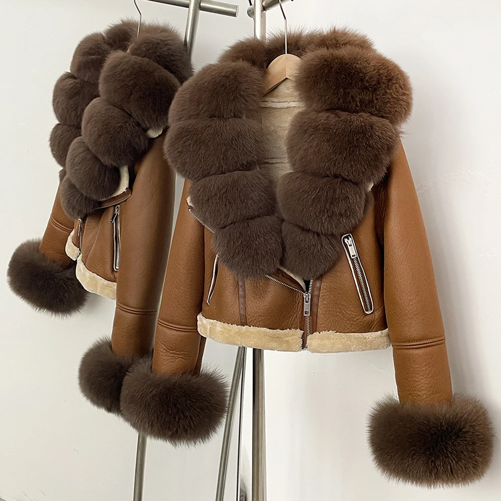 OFTBUY Short Faux Leather Fake Fur Inner Jacket Female New Winter Real Fox Fur Collar and Cuffs Clothes Women Thick Warm Coat