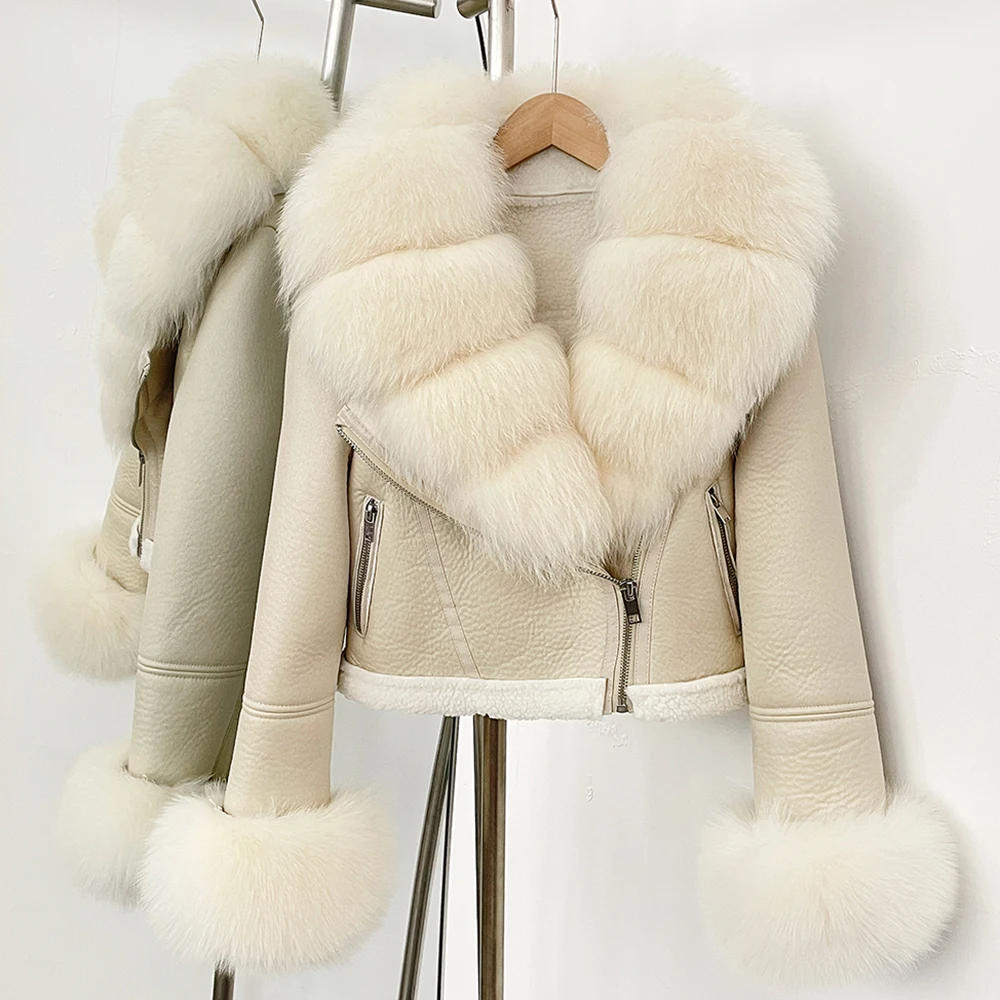OFTBUY Short Faux Leather Fake Fur Inner Jacket Female New Winter Real Fox Fur Collar and Cuffs Clothes Women Thick Warm Coat