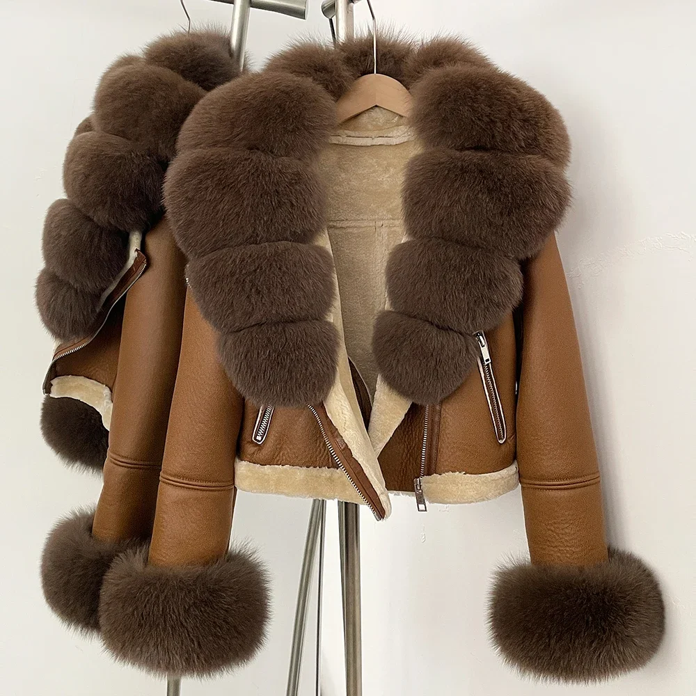 OFTBUY Short Faux Leather Fake Fur Inner Jacket Female New Winter Real Fox Fur Collar and Cuffs Clothes Women Thick Warm Coat