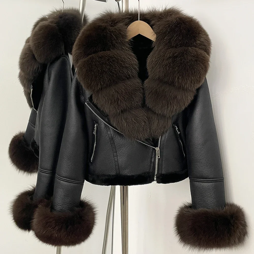 OFTBUY Short Faux Leather Fake Fur Inner Jacket Female New Winter Real Fox Fur Collar and Cuffs Clothes Women Thick Warm Coat