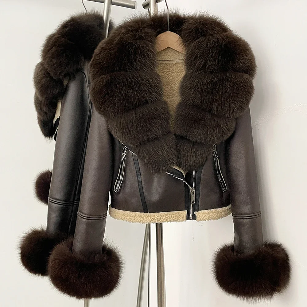 OFTBUY Short Faux Leather Fake Fur Inner Jacket Female New Winter Real Fox Fur Collar and Cuffs Clothes Women Thick Warm Coat