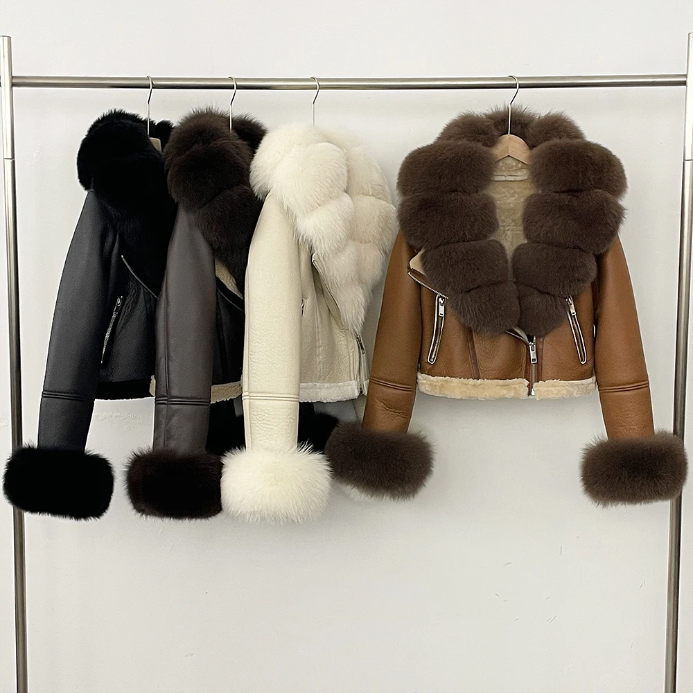 OFTBUY Short Faux Leather Fake Fur Inner Jacket Female New Winter Real Fox Fur Collar and Cuffs Clothes Women Thick Warm Coat
