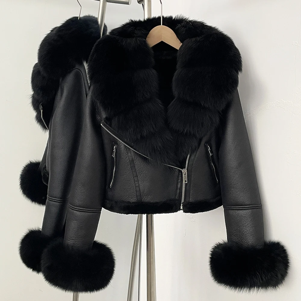 OFTBUY Short Faux Leather Fake Fur Inner Jacket Female New Winter Real Fox Fur Collar and Cuffs Clothes Women Thick Warm Coat
