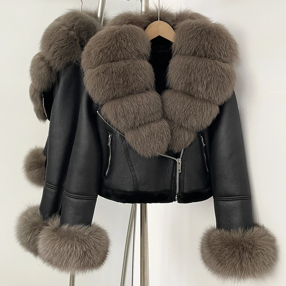OFTBUY Short Faux Leather Fake Fur Inner Jacket Female New Winter Real Fox Fur Collar and Cuffs Clothes Women Thick Warm Coat