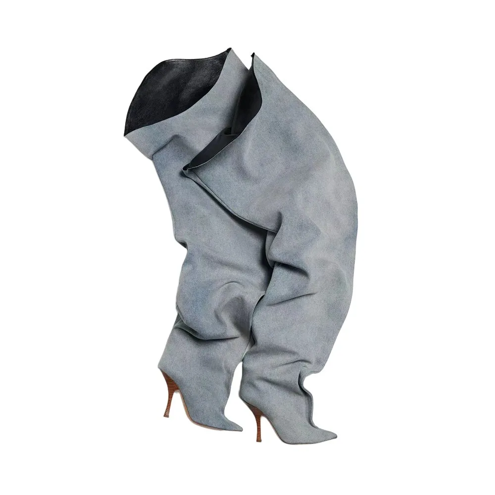 2026Autumn and Winter New Women's Wide Leg Stiletto High Heel Knee Long Boots Pointed 34-45 Large Leg Women's Boots