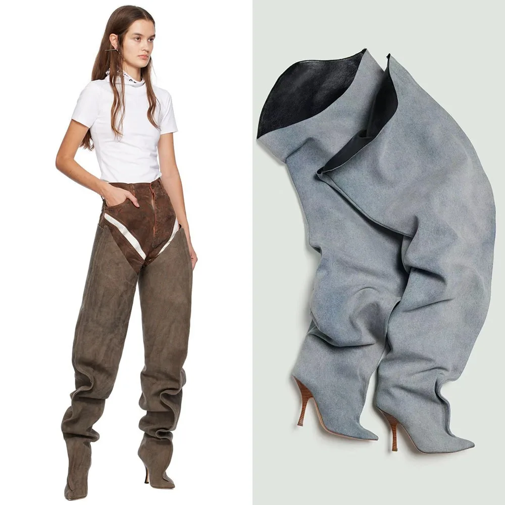 2026Autumn and Winter New Women's Wide Leg Stiletto High Heel Knee Long Boots Pointed 34-45 Large Leg Women's Boots
