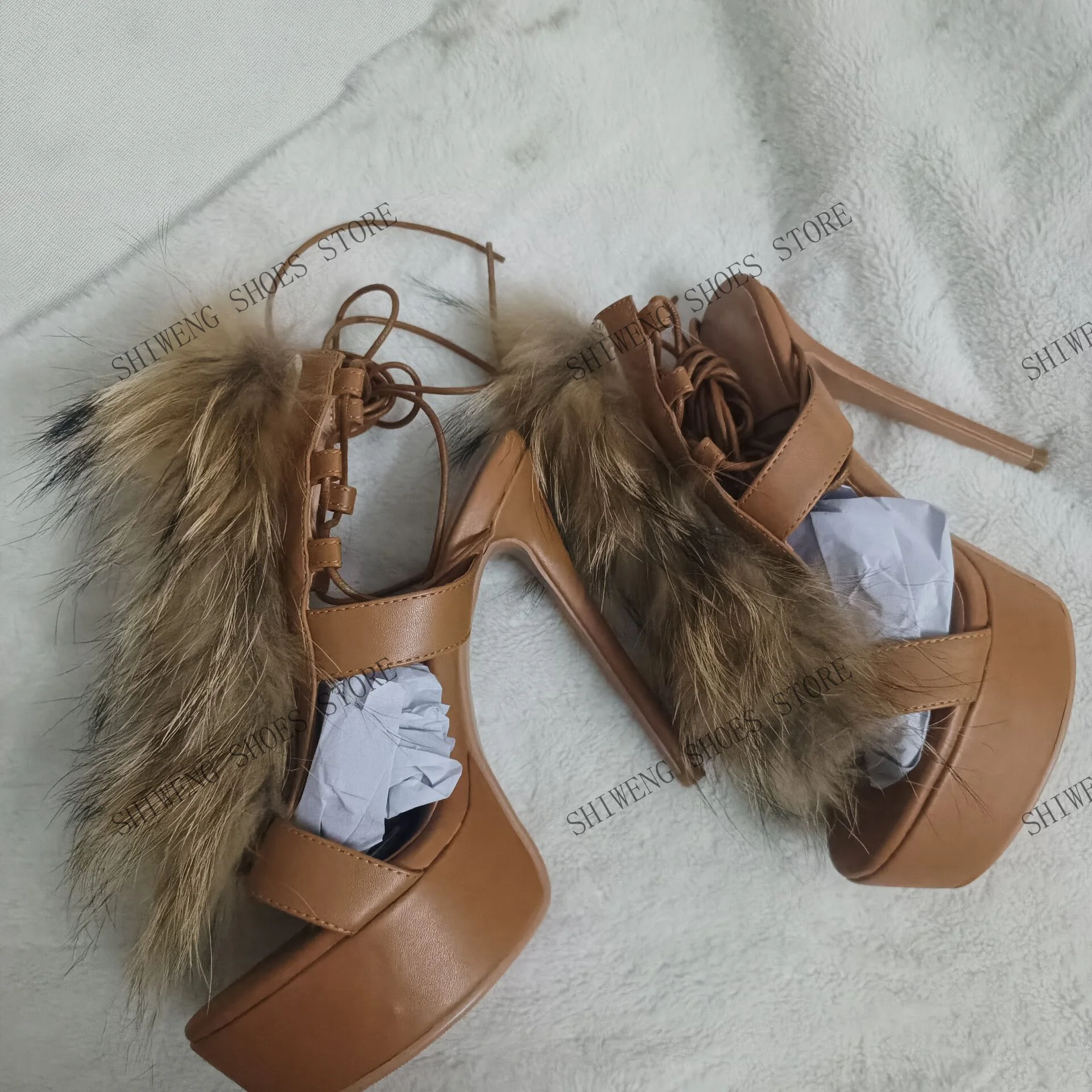 2026 Lady Design Summer Criss-Cross Strappy Fur Sandals Women'S Open-Toe Stiletto Platform High Heels Sexy Dress Heels
