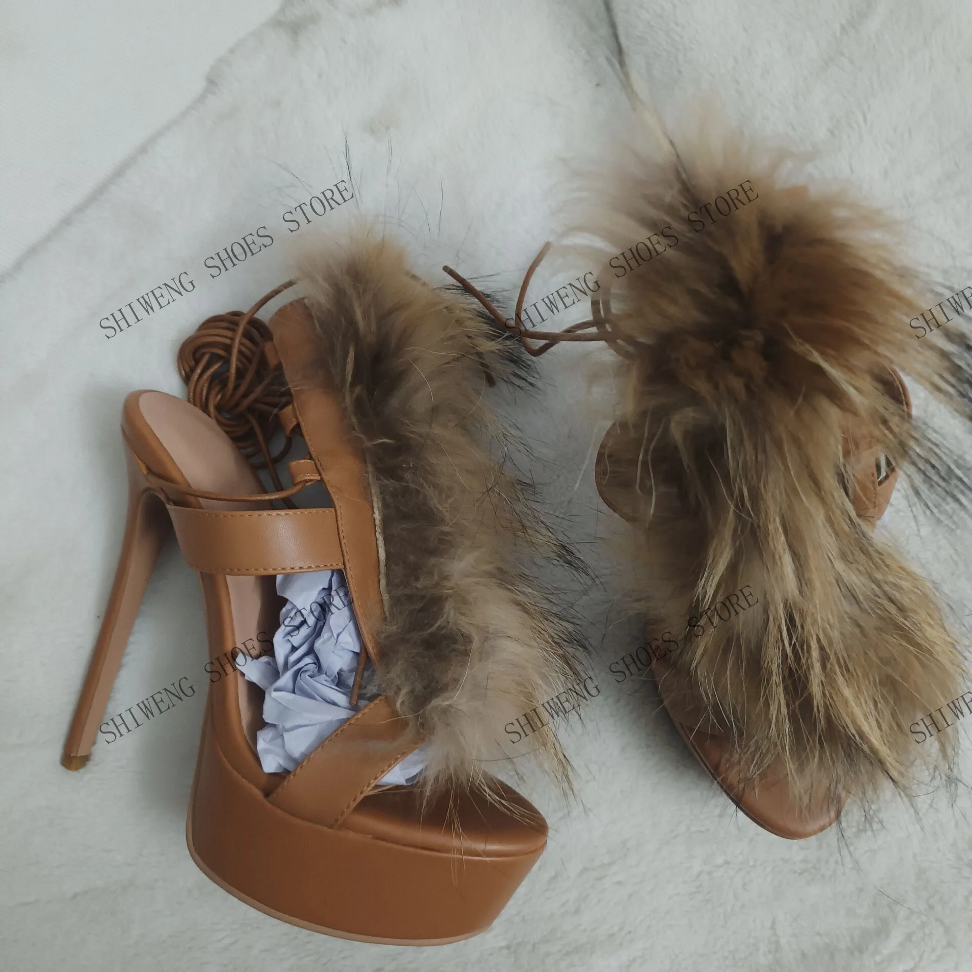 2026 Lady Design Summer Criss-Cross Strappy Fur Sandals Women'S Open-Toe Stiletto Platform High Heels Sexy Dress Heels