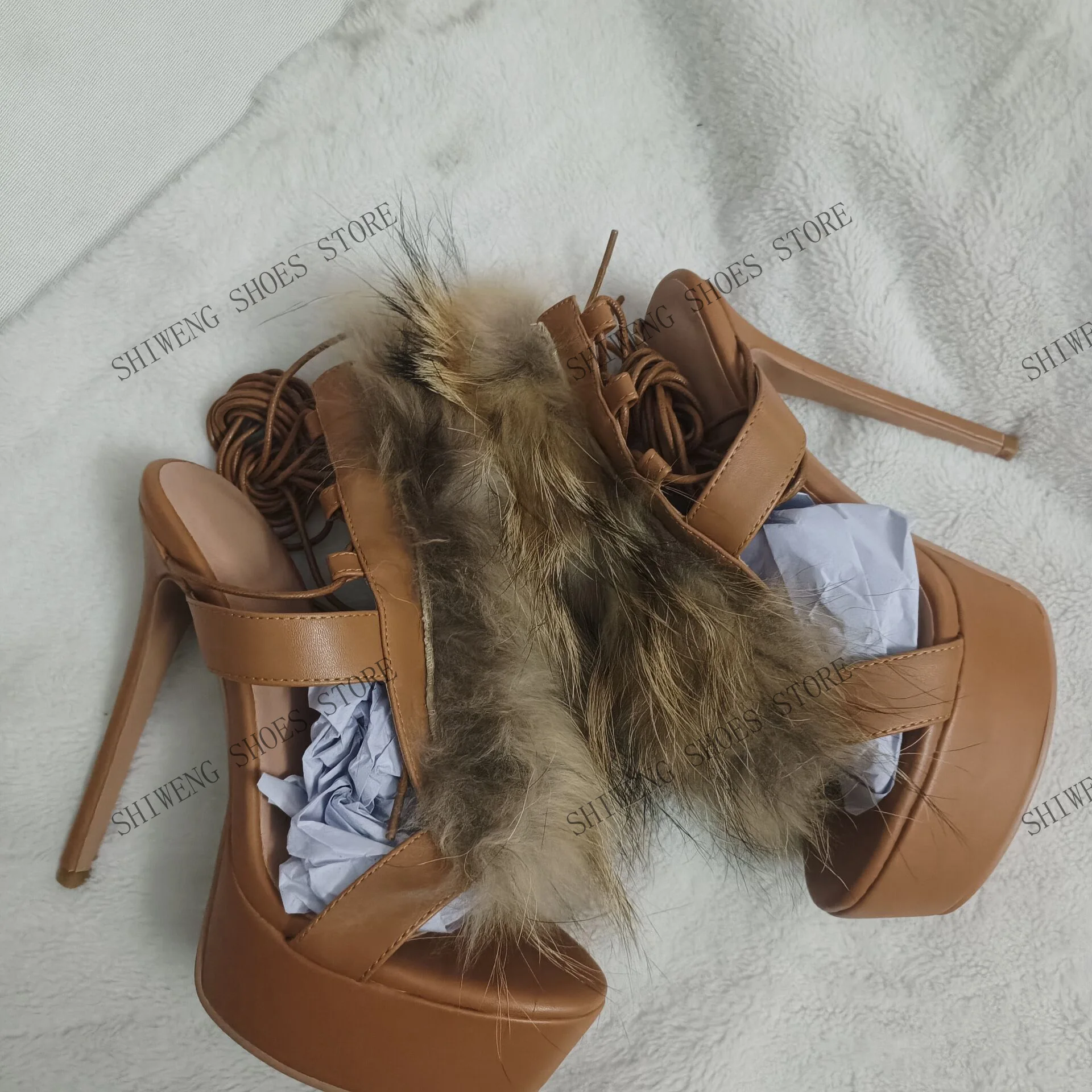 2026 Lady Design Summer Criss-Cross Strappy Fur Sandals Women'S Open-Toe Stiletto Platform High Heels Sexy Dress Heels