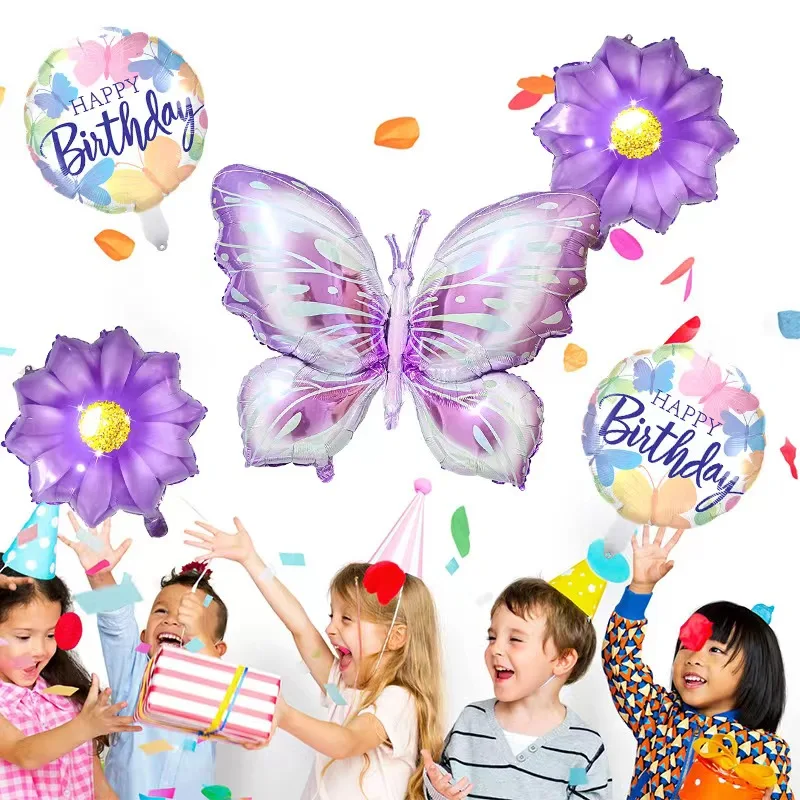 5 Pcs Butterfly Foil Balloons Set Purple Sunflower Set Baby Shower Wedding Romantic Butterfly Theme Birthday Party Decorations