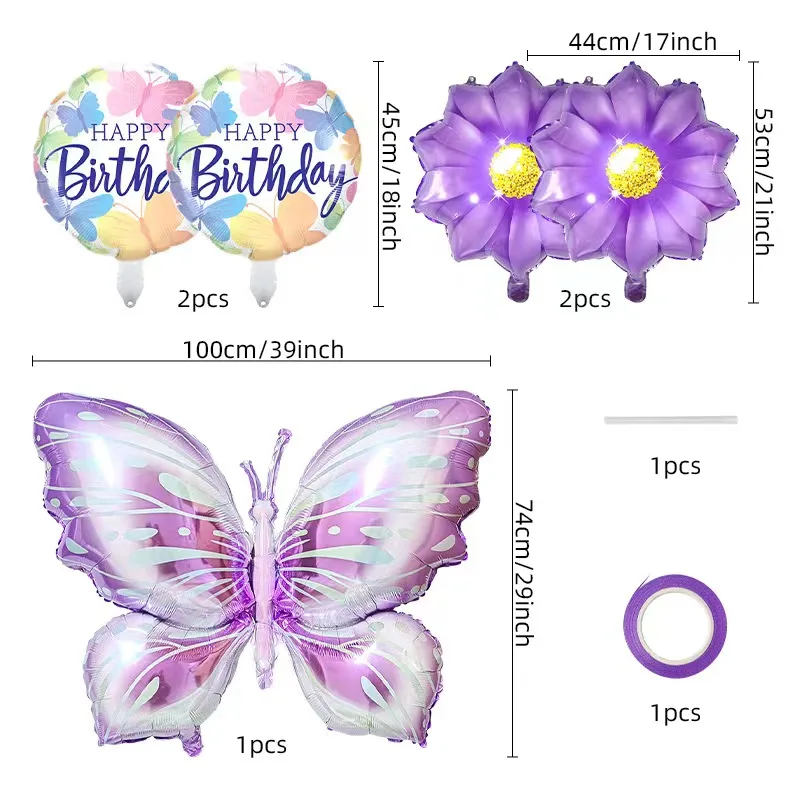 5 Pcs Butterfly Foil Balloons Set Purple Sunflower Set Baby Shower Wedding Romantic Butterfly Theme Birthday Party Decorations