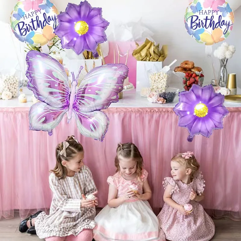 5 Pcs Butterfly Foil Balloons Set Purple Sunflower Set Baby Shower Wedding Romantic Butterfly Theme Birthday Party Decorations