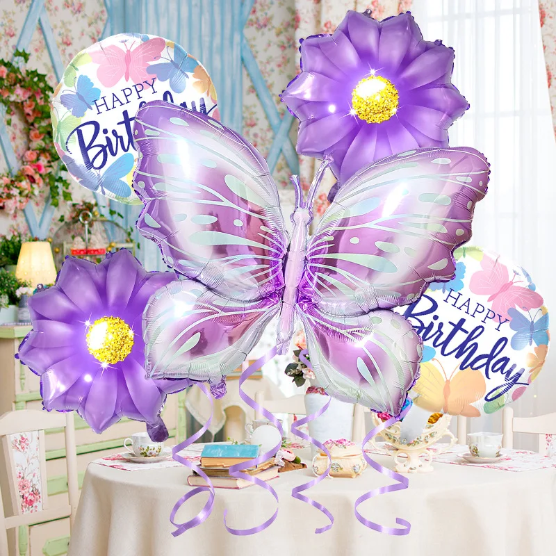5 Pcs Butterfly Foil Balloons Set Purple Sunflower Set Baby Shower Wedding Romantic Butterfly Theme Birthday Party Decorations