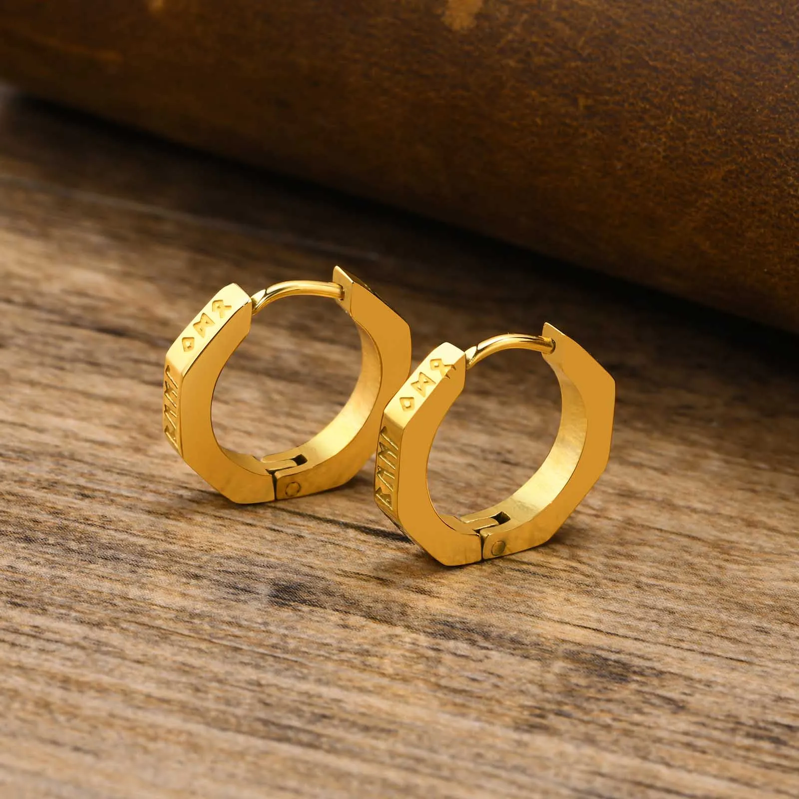 North Viking Hoop Earrings for men Stainless steel Octagon Runes Round Earrings Talisman Stylish Jewelry Viking Gifts for Male
