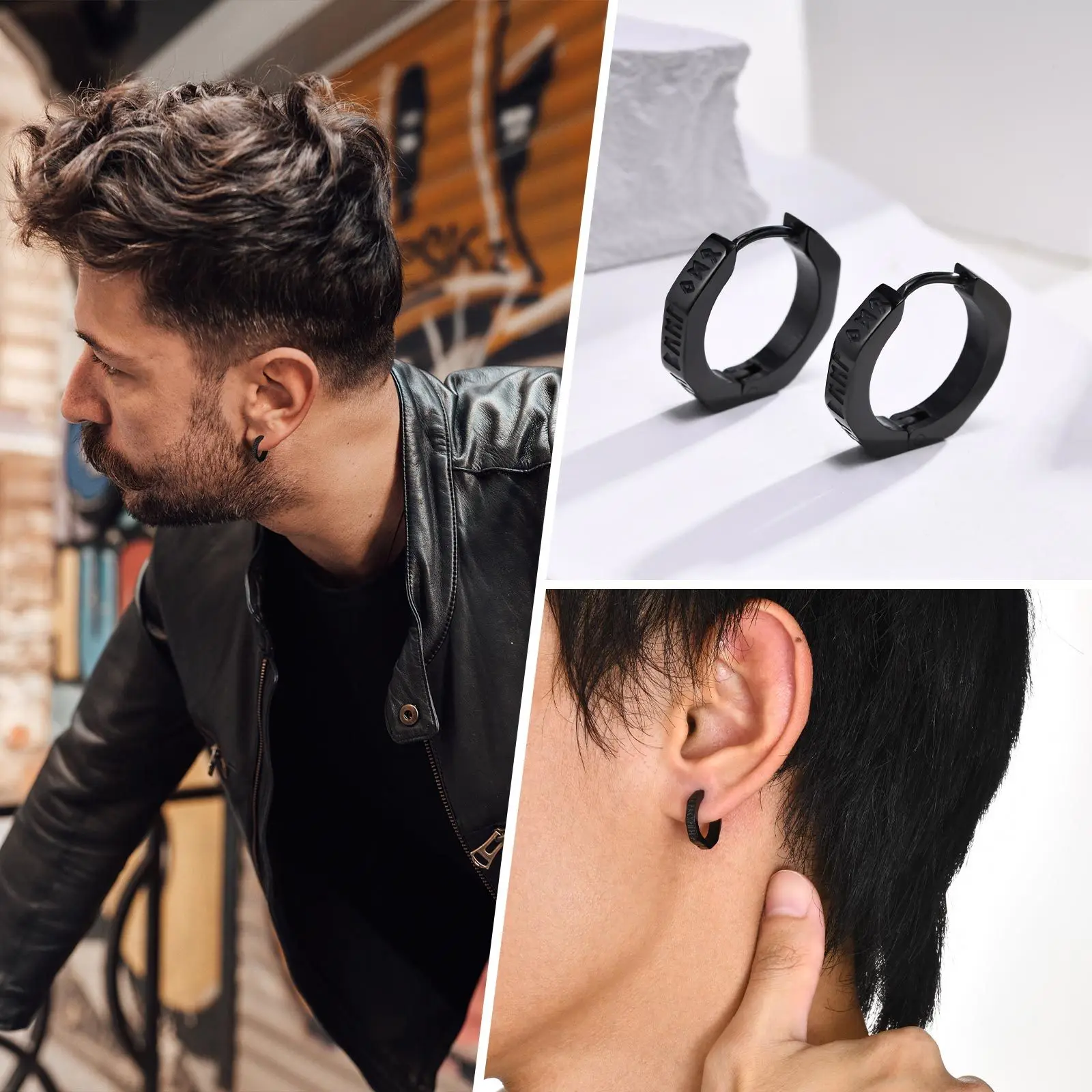 North Viking Hoop Earrings for men Stainless steel Octagon Runes Round Earrings Talisman Stylish Jewelry Viking Gifts for Male