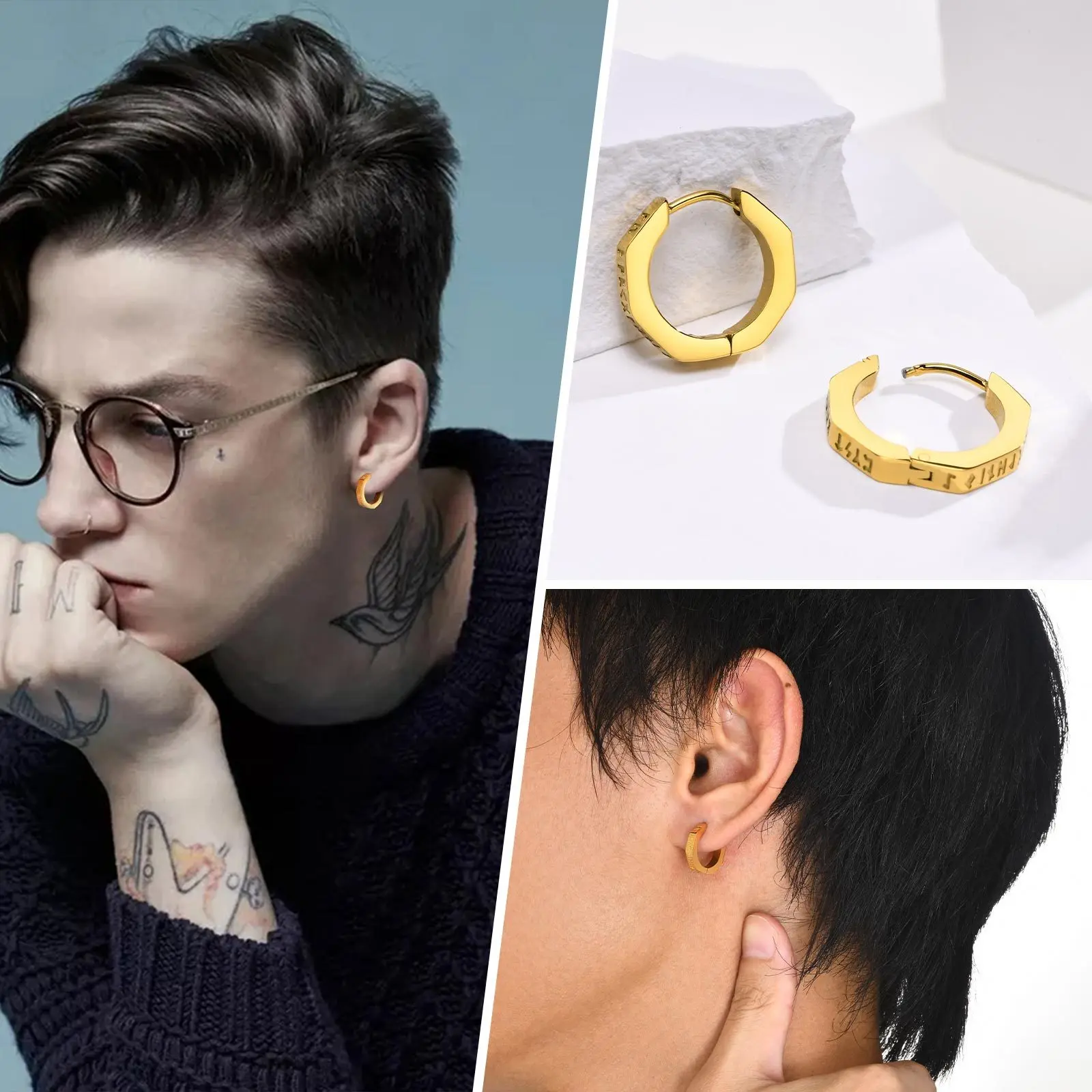 North Viking Hoop Earrings for men Stainless steel Octagon Runes Round Earrings Talisman Stylish Jewelry Viking Gifts for Male