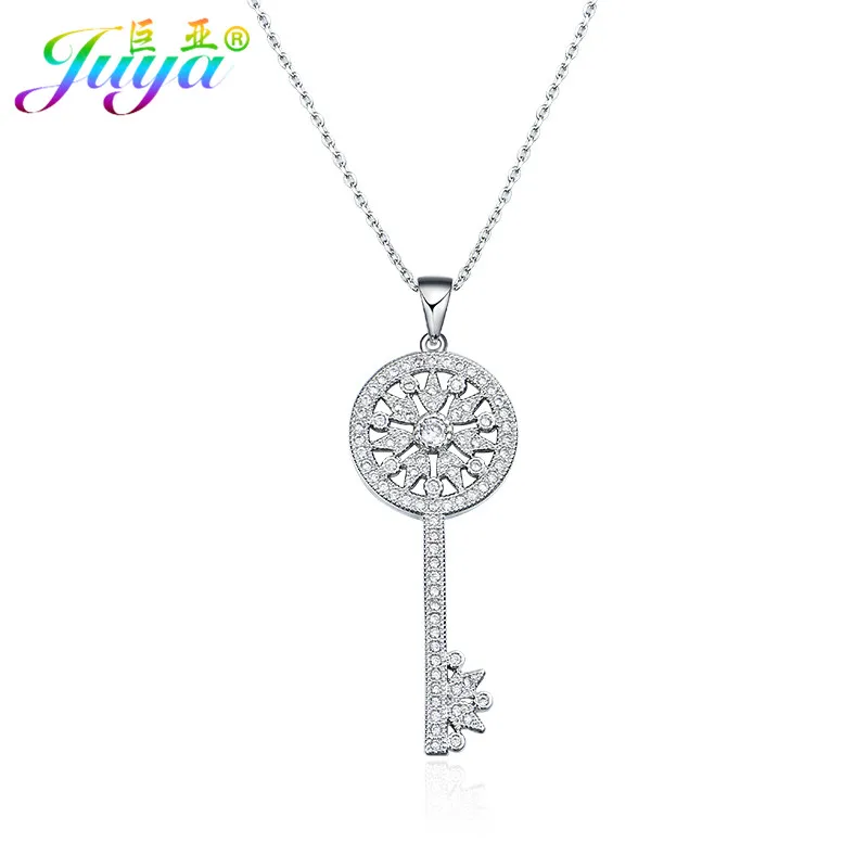 Juya 18K Gold Plated Cubic Zirconia Floating Flower Key Pendant Necklace Handmade Women Chocker Necklace Birthday Gift Jewerlry