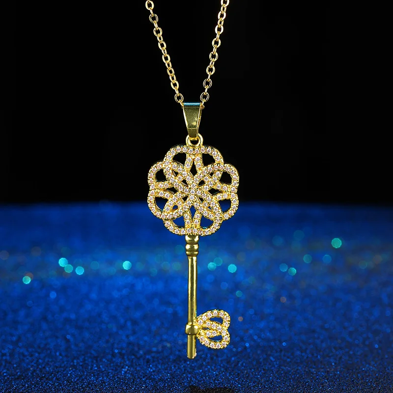 Juya 18K Gold Plated Cubic Zirconia Floating Flower Key Pendant Necklace Handmade Women Chocker Necklace Birthday Gift Jewerlry