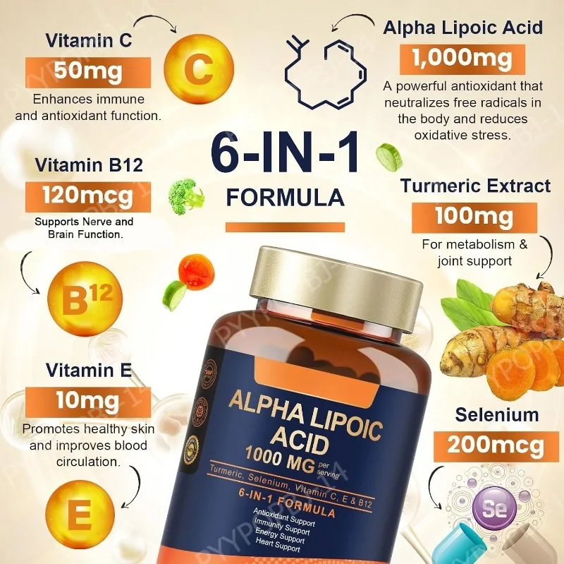 Alpha Lipoic Acid 6-in-1 Formula 1000mg,Antioxidant,Immunity,Energy Support,with Turmeric,Selenium,Vitamin C, E & B12,120 Count
