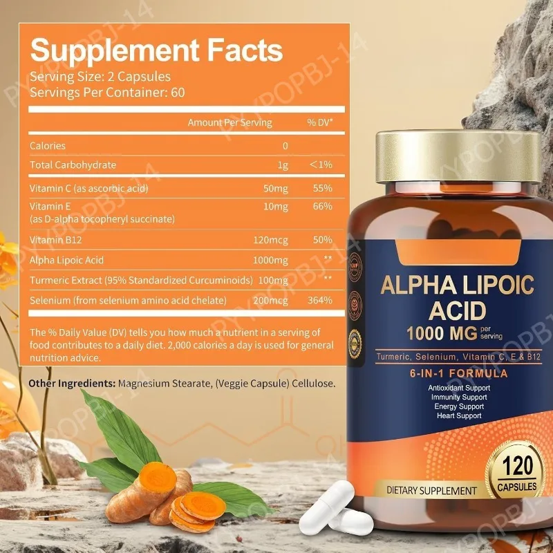 Alpha Lipoic Acid 6-in-1 Formula 1000mg,Antioxidant,Immunity,Energy Support,with Turmeric,Selenium,Vitamin C, E & B12,120 Count