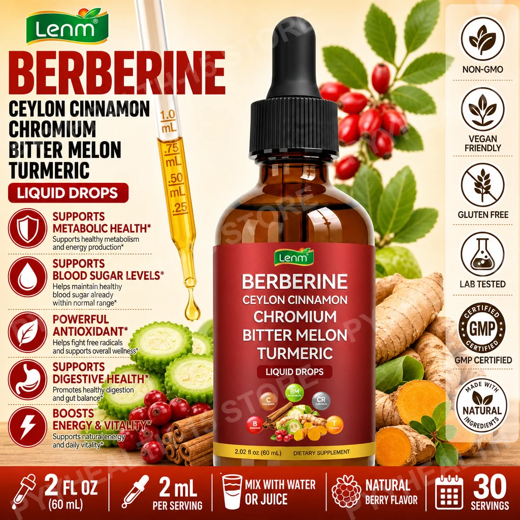 Lenm Berberine Liquid Drops with Ceylon Cinnamon Chromium Bitter Melon Turmeric for Metabolic Wellness Support 60ml 30 Servings