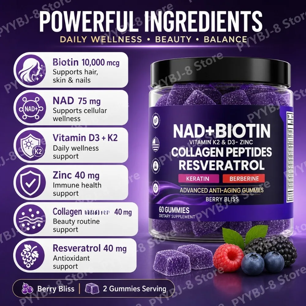 NAD+ Resveratrol Biotin Gummies, Collagen Keratin Zinc D3 K2 Blend, Berry Flavor for Hair Skin Beauty Wellness Support, 60 Count