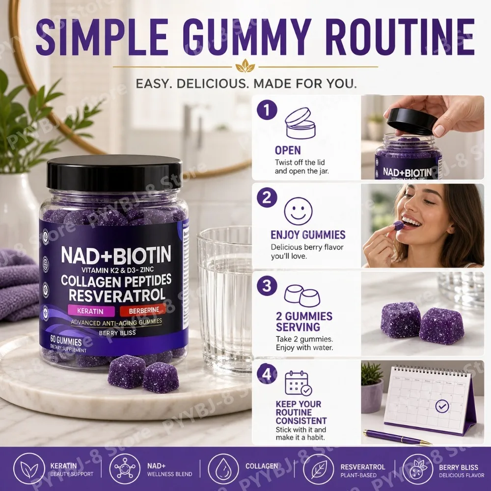 NAD+ Resveratrol Biotin Gummies, Collagen Keratin Zinc D3 K2 Blend, Berry Flavor for Hair Skin Beauty Wellness Support, 60 Count